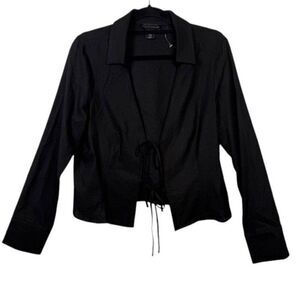 House of Harlow 1960 Linen Tie Front Shirt Collared Black Long Sleeve Medium